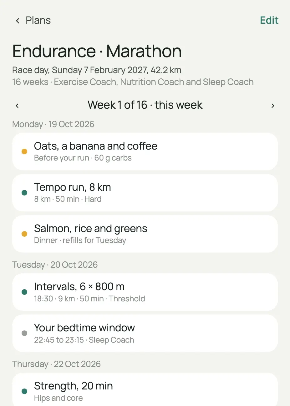 Week 1 of a 16-week marathon plan in the app, 19 to 25 October 2026: runs and strength with meals and a bedtime window around them.
