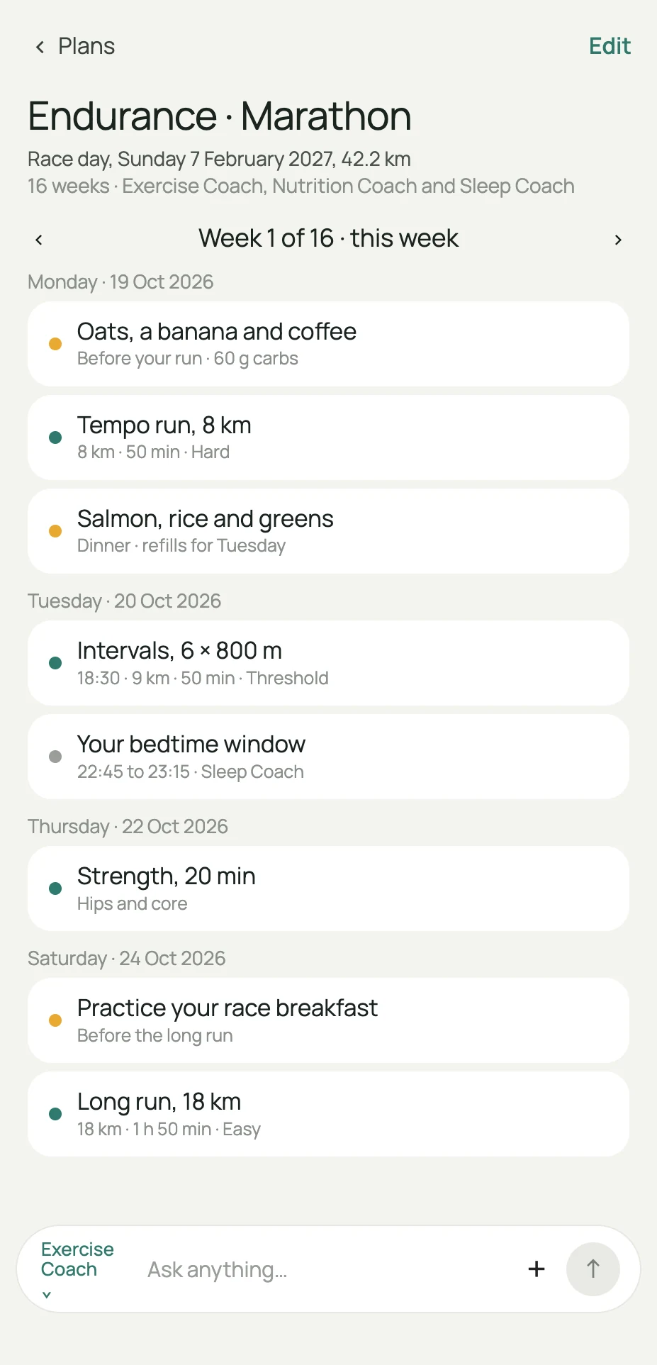 Week 1 of a 16-week marathon plan in the app, 19 to 25 October 2026: runs and strength with meals and a bedtime window around them.