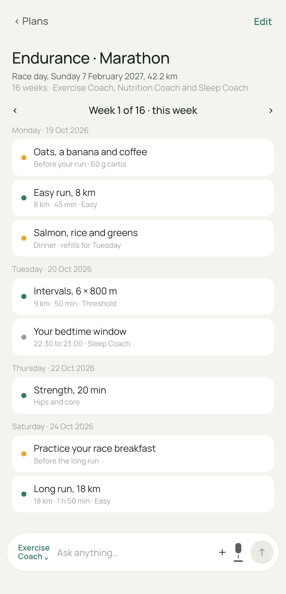 Week 1 of a 16-week marathon plan: easy run, intervals and strength, with meals around the sessions.