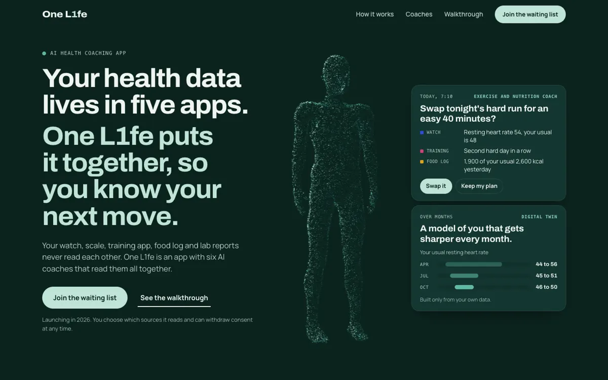 Variant B at desktop width: headline, Twin and the two payoff cards in three columns.